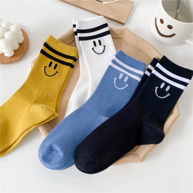 Custom Design Smile Cartoon women Socks Cute Cotton Socks Summer White Black Striped Trendy Personality Street Wear sock 
