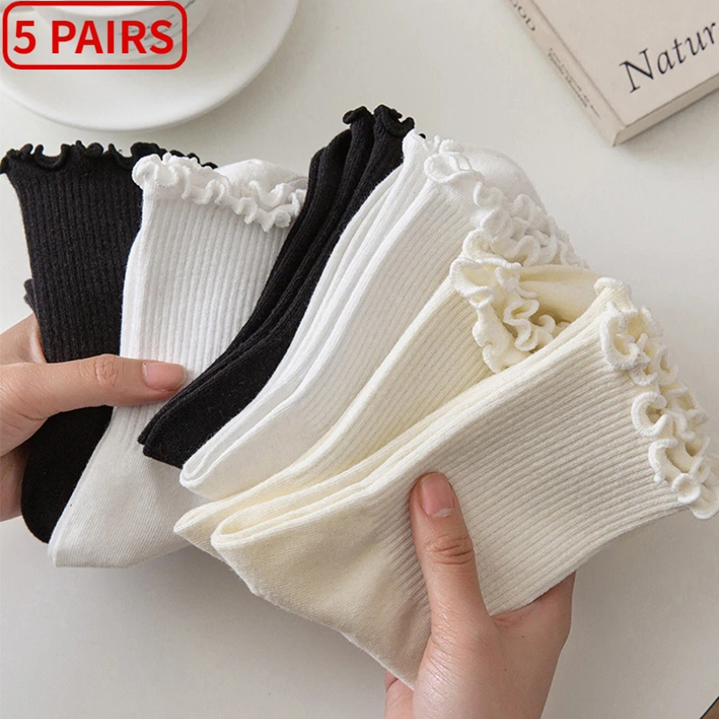 quality assurance Lot Socks for women Ruffle Cotton Middle Tube Ankle Short Breathable Black White set Spring 