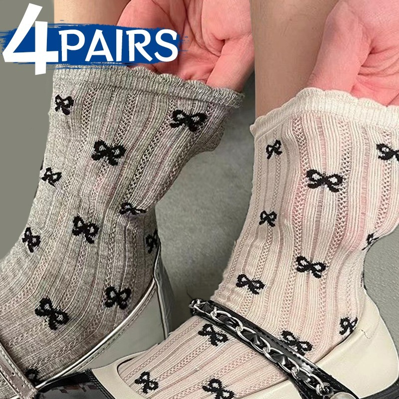 Chinese Manufacturer Thin Hollow Dot Socks women Sweet Bowknot Summer Hollow Out Mesh Breathable Girls Crew Loose Middle Tube 