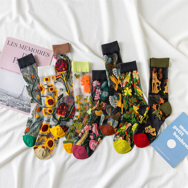 vintage women Socks Cartoon Cat Flower Plant Funny Casual Female Crystal Silk Tide Socks Streetwear Harajuku Crew 