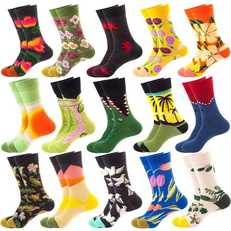 New Product women Funny Casual Crew Socks Cartoon Art Flower Plant Shark Crocodile Bird Cotton Harajuku Streetwear 