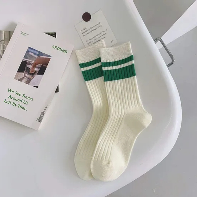 Men Women Unisex Gym Custom Embroidered Long Basic Vintage Ribbed Cable Knit Crew Work Dress Socks Black and White with Stripes