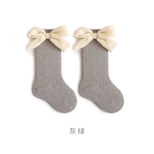 Summer Thin Loose Fitting Shift Ring Hollow Mesh Girls Bow MID Calf Baby Socks
