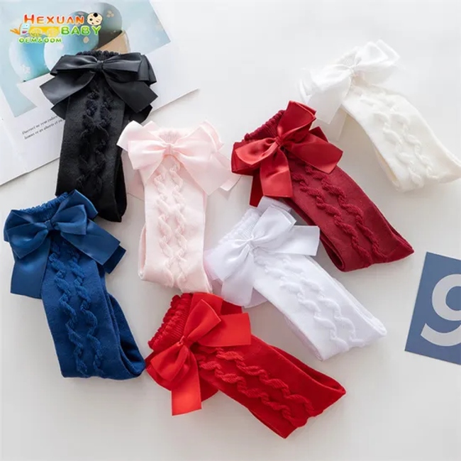 Sweet Solid Color Bow Cotton Long Knee High Baby Kids Stocking Socks