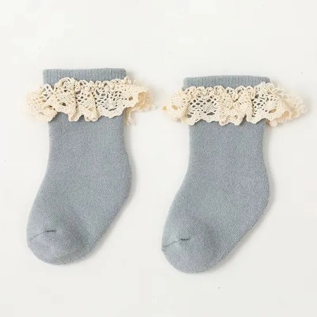 Trendy Baby Girl Solid Ribbed Thin Cotton Cute Lace Ruffle Princess Socks