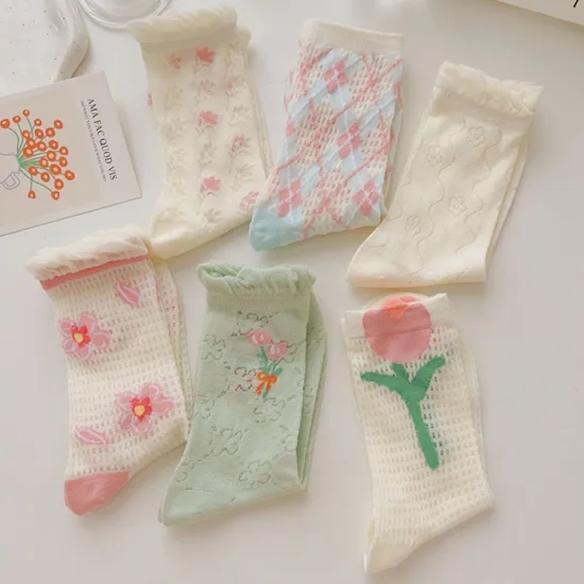 Women Flower Preppy Style Trendy Popular Dress Cute Mesh Crew Socks