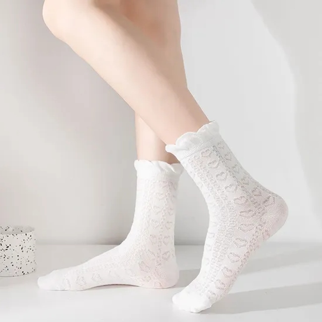 Fashion Sweet MID-Calf Socks Black and White Lace Pileup Socks New Hundred Jk Socks Spring and Summer Thin Breathable Women′s Socks