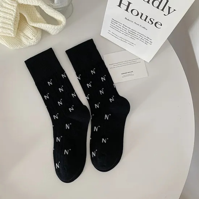 Socks Women′s Letter N Medium Socks Spring Summer Combed Cotton Breathable Thin Simple Outer Long Socks