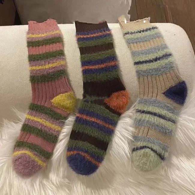 Winter Vintage Thick Line Color Contrast Mink Hair Crew Socks for Women