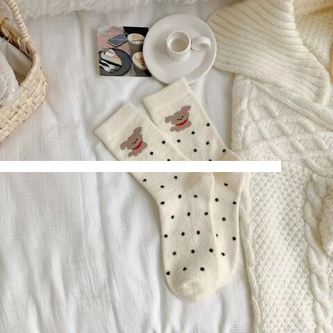 Autumn Winter Women s Mid Calf Socks Comfortable Warm Velvet Crew Length Thickened Cute Dog Print Soft Delicate Velvet