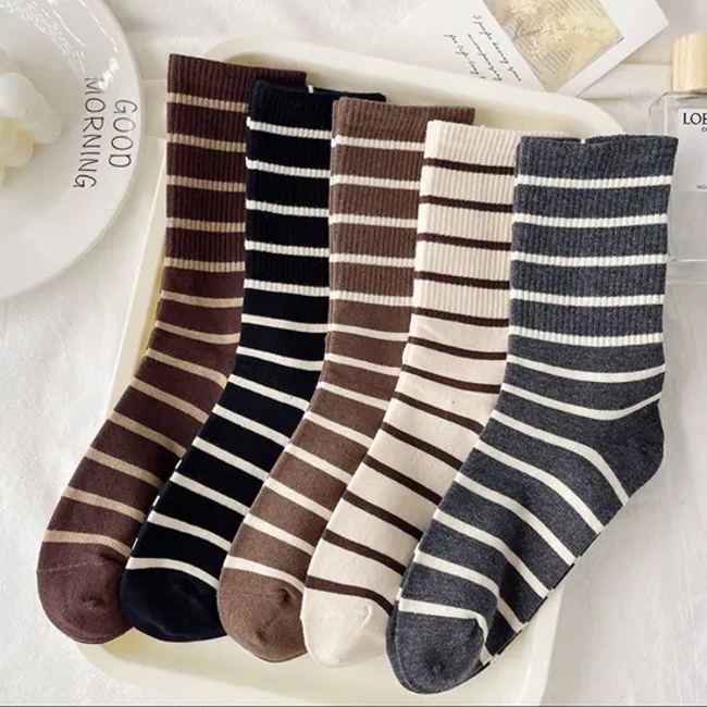 Striped Medium Socks Autumn and Winter Thigh High Socks Japanese Women′s Long Socks Curry Ins Trendy Hundred Socks
