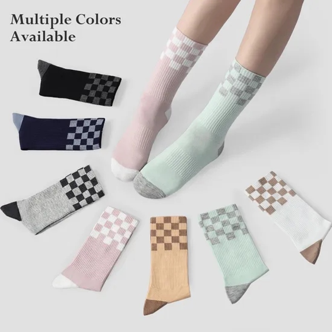 Custom Men Checkerboard Athletic Calf Breathable Cushion Crew Cotton Socks