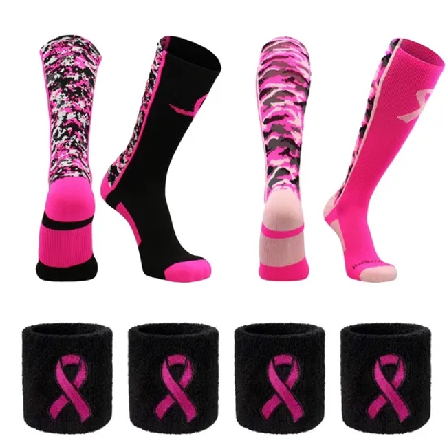 Breast Cancer Awareness Pink Ribbon Athletic Camo Socks+ Wrist Sweatbands