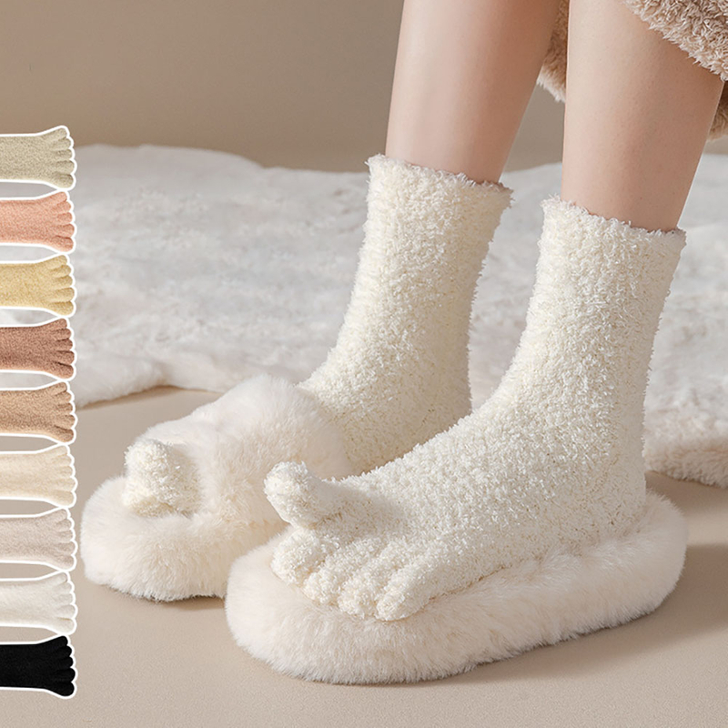 Design Service Autumn Winter women Thicken Coral Fleece Five Finger Socks Soft Middle Tube Socks Home Floor Sleeping Socks 