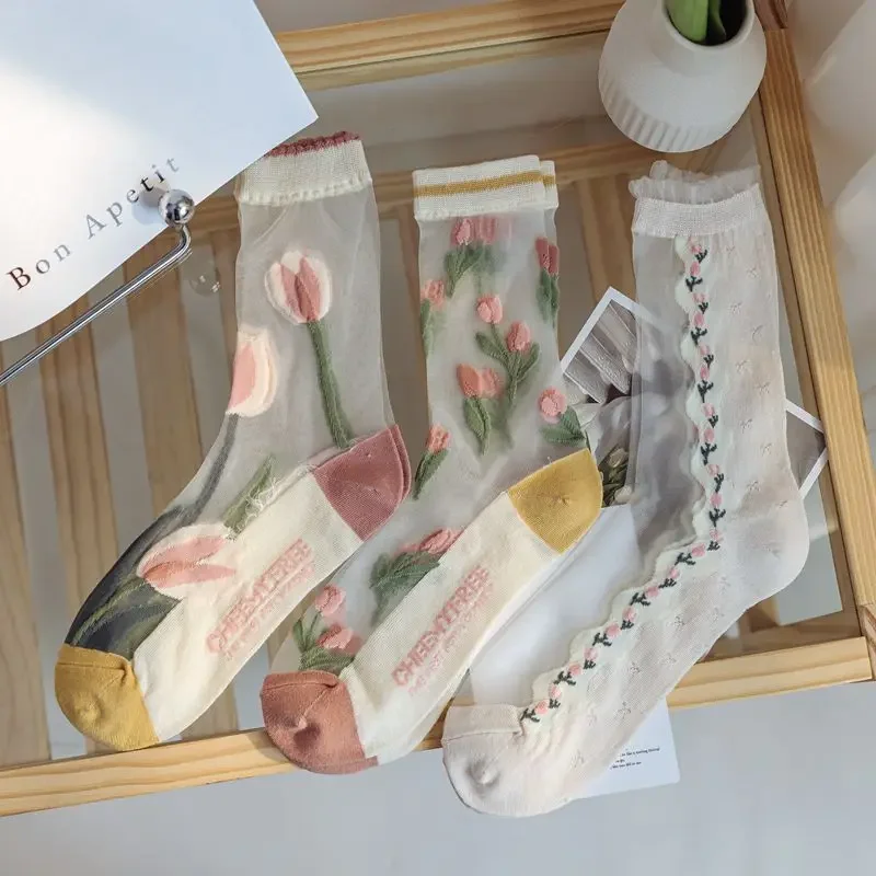 online selling Ultra thin Transparent Crystal Silk Socks women Fashion Summer Harajuku Crew Socks Retro Flower Streetwear 
