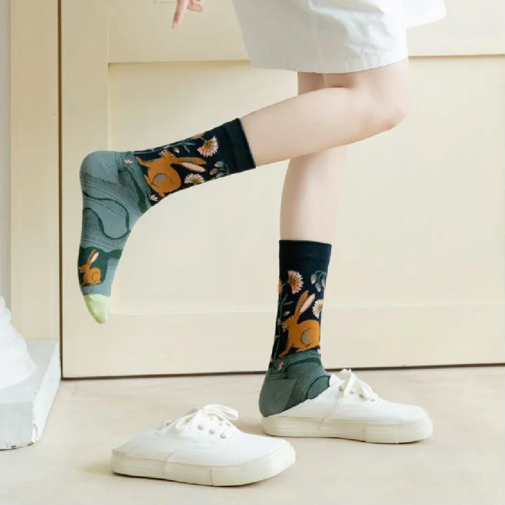 distributor Solid Color Medium Tube Socks for women s Fresh Smiling Face Pattern Simple Style Comfortable Breathable Girl 