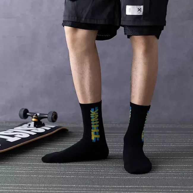 Socks Blue Crew Fashion Black Letter Solid Color Socks Sports for Men