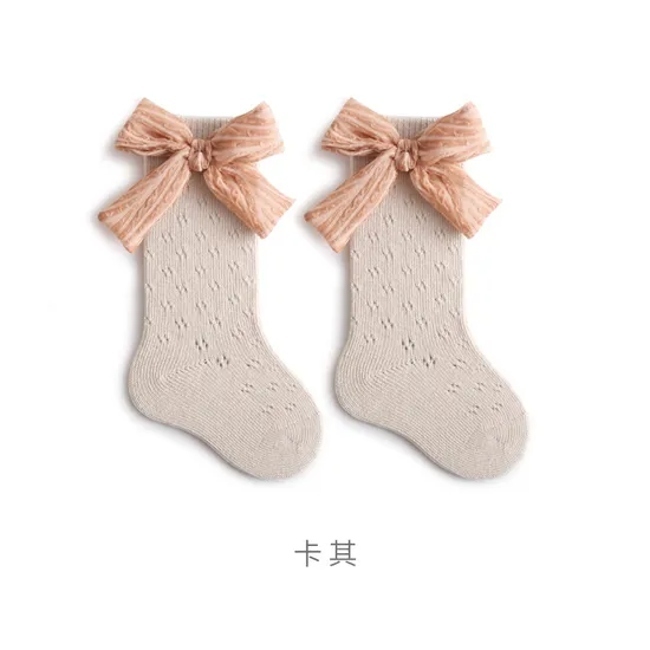 Summer Thin Loose Fitting Shift Ring Hollow Mesh Girls Bow MID Calf Baby Socks