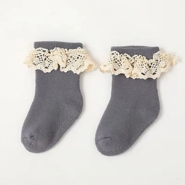 Trendy Baby Girl Solid Ribbed Thin Cotton Cute Lace Ruffle Princess Socks