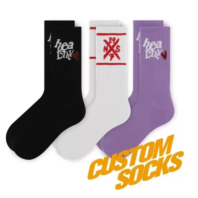 Custom Logo Crew Jacquard Letter Athletic Socks Women′s Embroidered Cotton Sports Socks