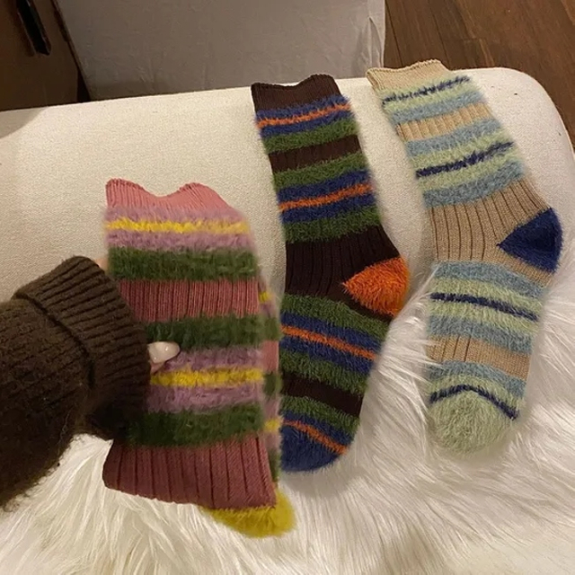 Couple Thick Line Pattern MID-Calf Socks Color Blocking Imitation Mink Autumn and Winter Warm Furry Thickened Long Socks