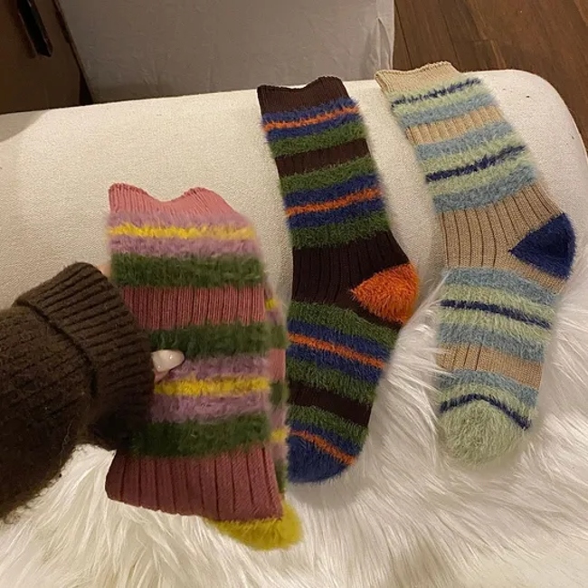 Couple Thick Line Pattern MID-Calf Socks Color Blocking Imitation Mink Autumn and Winter Warm Furry Thickened Long Socks