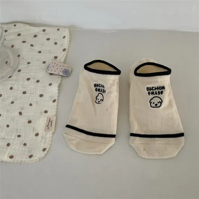 New Ok Dog Embroidery Boat Socks Non-Drop Heel Summer Women′s Breathable Short Socks College Style Casual Cotton Socks