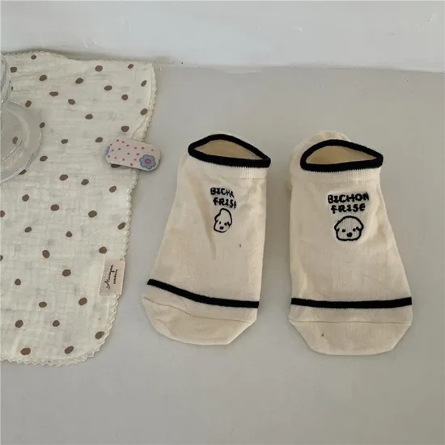 New Ok Dog Embroidery Boat Socks Non-Drop Heel Summer Women′s Breathable Short Socks College Style Casual Cotton Socks