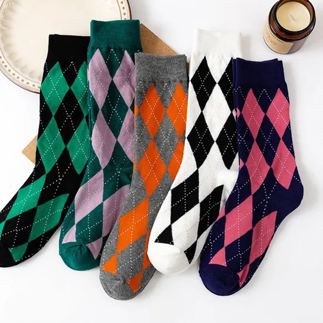 Diamond Plaid Long Socks Summer Sweat Absorbent Breathable MID-Calf Socks Ins Tide Casual Hundred Women′s Socks
