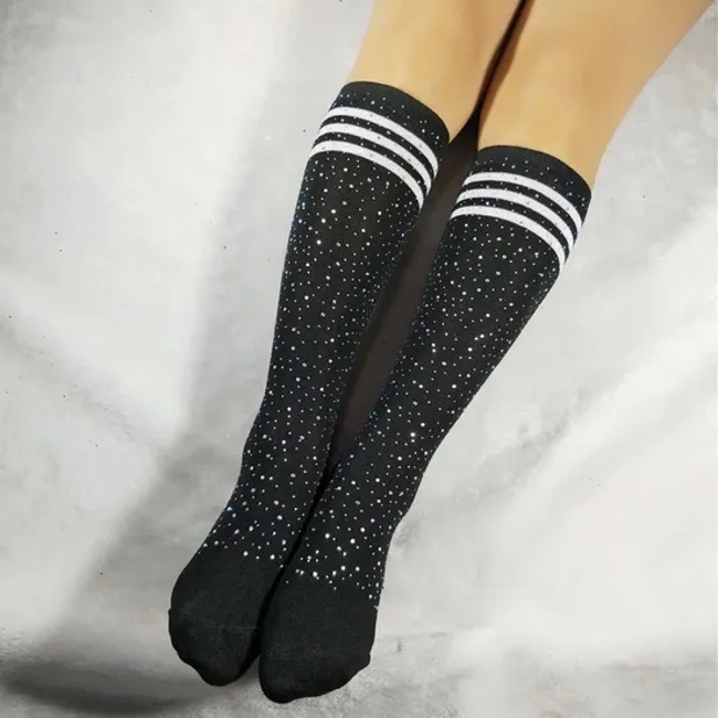 Wholesale Ladies Rainbow Striped Bling Long Socks Spark Rhinestone Glitter Socks for Women
