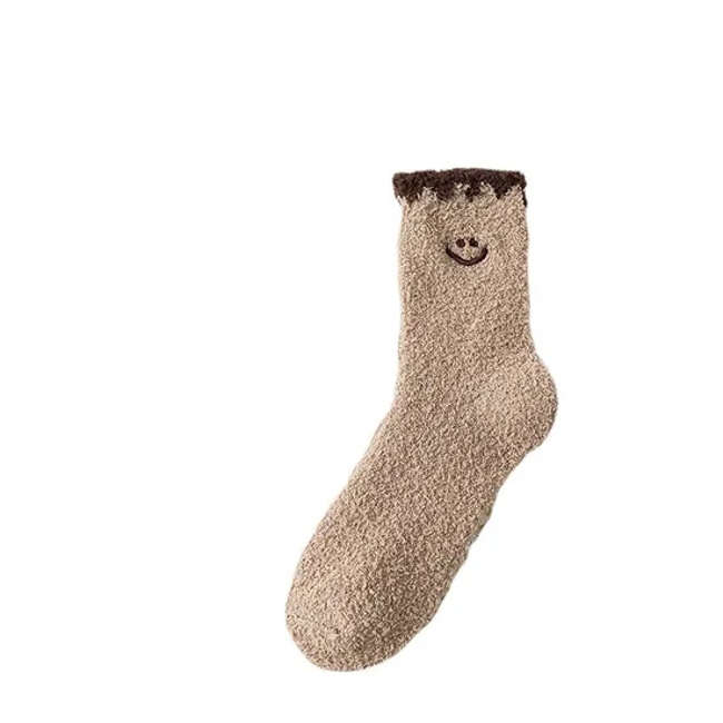Autumn and Winter New Coral Velvet Socks Women′s MID-Calf Socks Smiley Embroidery Thickened Home Floor Socks Towel Socks