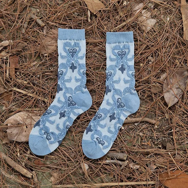 Breathable Anti-Oduor Vintage Blue Three-Dimensional Embossed Small Flower Elegant Fashion Literature Leisure Medium Long Socks