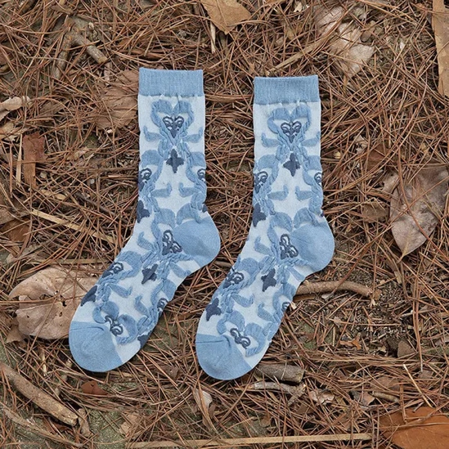 Breathable Anti-Oduor Vintage Blue Three-Dimensional Embossed Small Flower Elegant Fashion Literature Leisure Medium Long Socks
