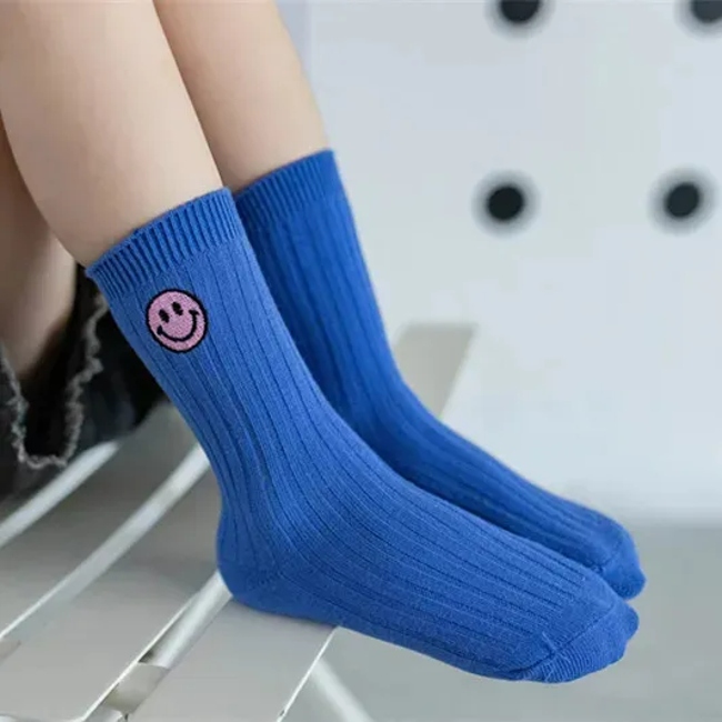Custom Embroidered Smile Face Baby Crew Socks Premium Cotton Toddler Kids Slouch Socks