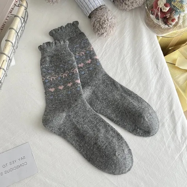 Autumn and Winter Wool Love Socks Women Fair Isle Elk Warm MID-Calf Japanese Bow Christmas Wind Thick Socks