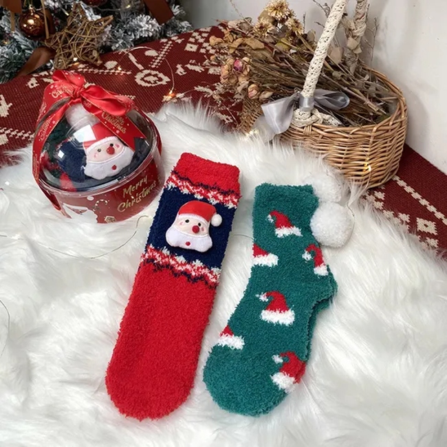 Christmas Gift Box Crystal Ball 2 Pairs Cute Cartoon Thickened Women′s Socks Bow Coral Velvet Home Floor Socks