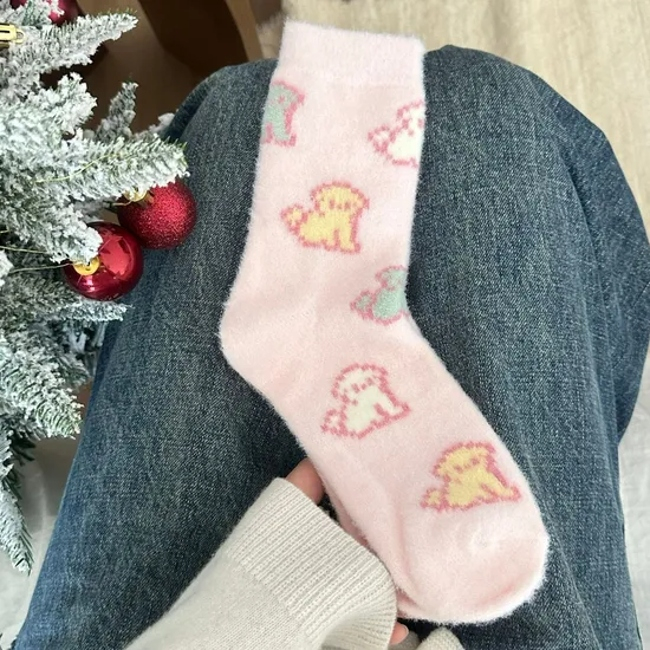 Winter Aussie Pink Socks Women′s MID-Calf Socks Thickened Padded Warm Cute Cartoon Winter Stacked Socks