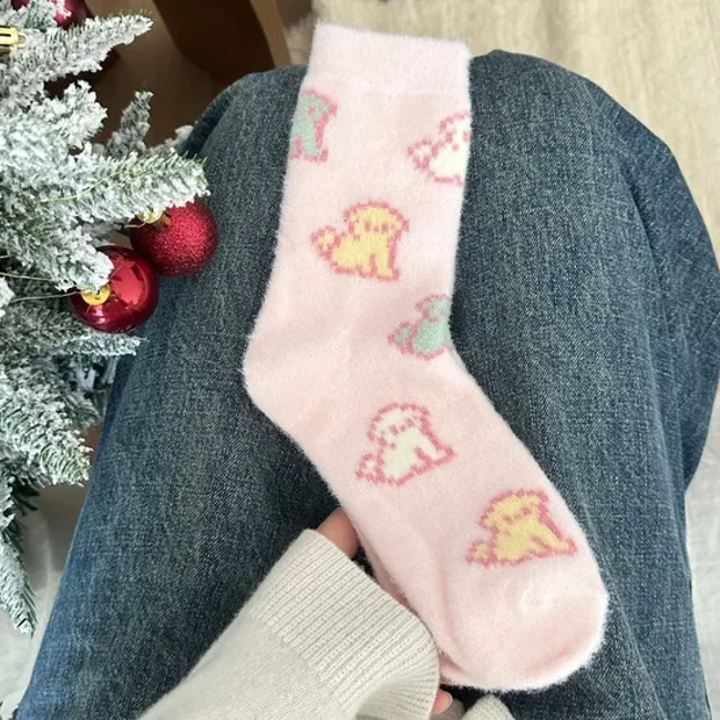Winter Aussie Pink Socks Women′s MID-Calf Socks Thickened Padded Warm Cute Cartoon Winter Stacked Socks