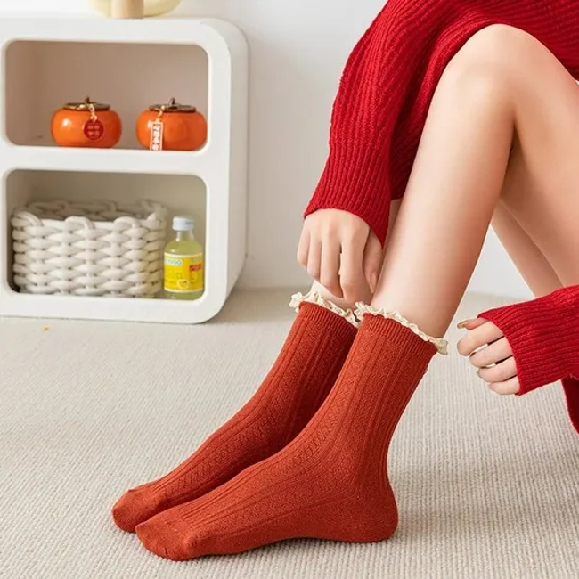 High Quality Cotton Vintage Double Needle Lady Socks Lace Ruffle Frilly Turn Cuff Women Socks