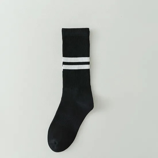 Socks Women′s Autumn and Winter College Style Solid Color Black and White Two Bar Simple Stripe Sports Outer Wear Hundred Long Socks