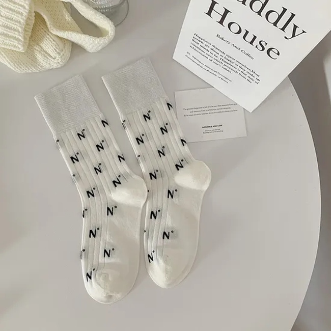 Socks Women′s Letter N Medium Socks Spring Summer Combed Cotton Breathable Thin Simple Outer Long Socks