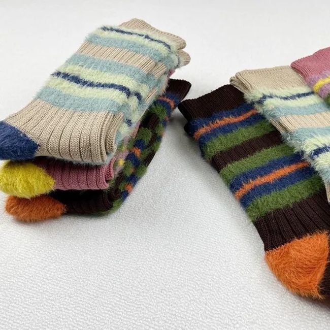 Winter Vintage Thick Line Color Contrast Mink Hair Crew Socks for Women