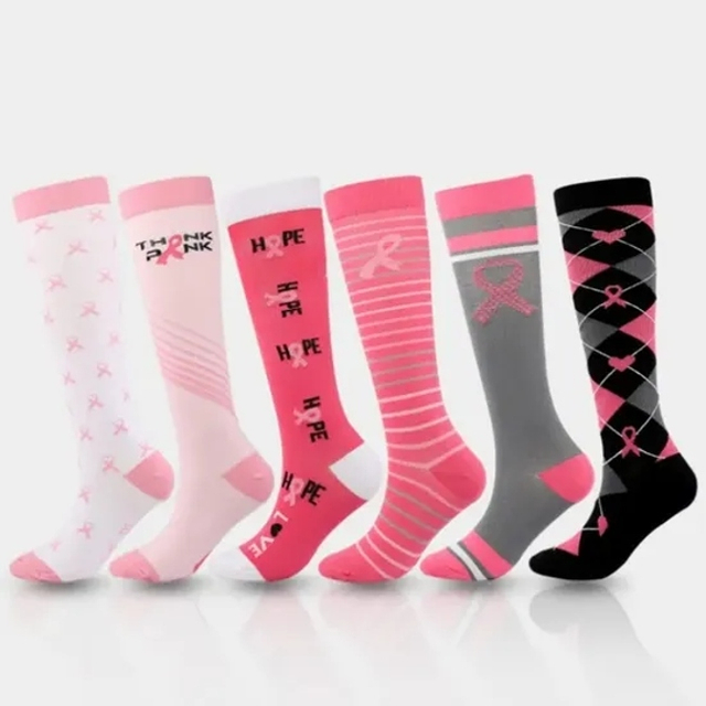 Private Label Pink Ribbon Compression Socks Custom Breast