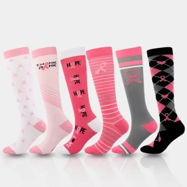Private Label Pink Ribbon Compression Socks Custom Breast