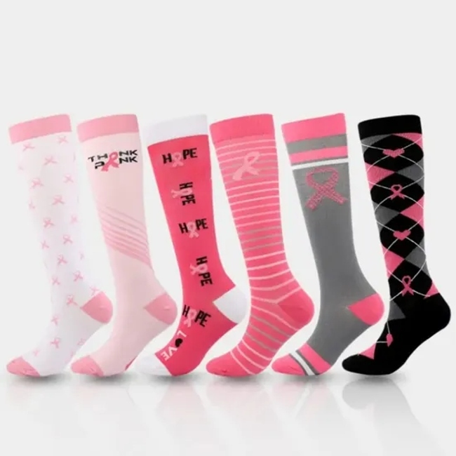 Private Label Pink Ribbon Compression Socks Custom Breast