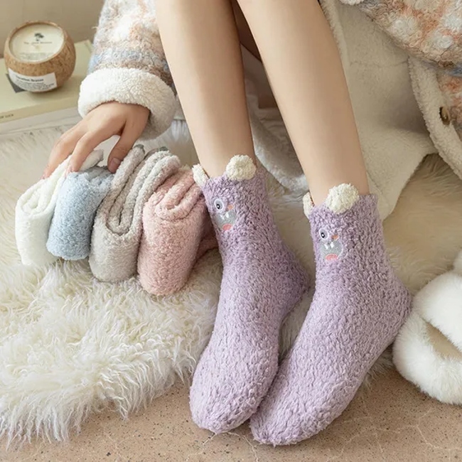 Winter Coral Velvet Sleeping Socks Thick Warm Floor Socks Cute Cartoon Plush Grip Socks