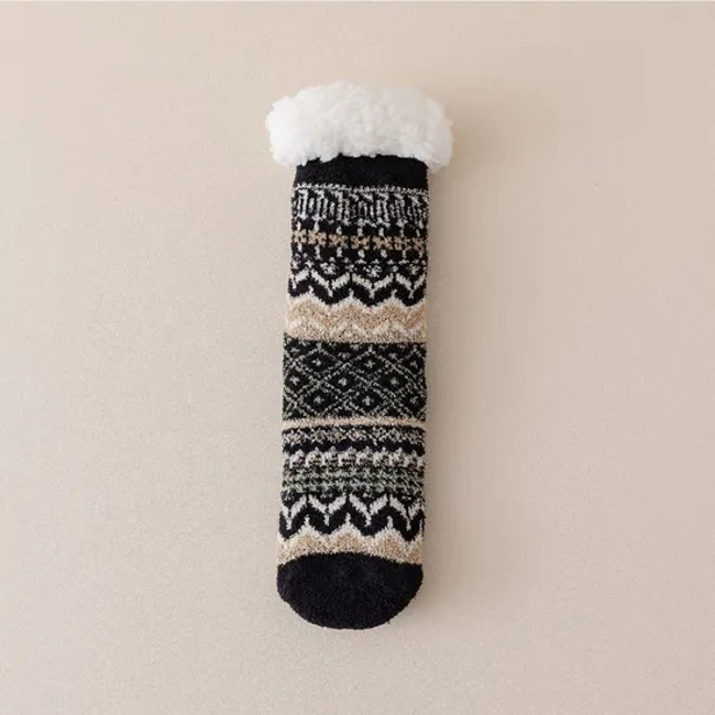 Lamb′s Wool Floor Socks Women′s Autumn and Winter Padded Thickened Warm Non-Slip Silicone Home Socks Ethnic Style MID-Calf Socks