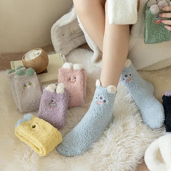 Winter Coral Velvet Sleeping Socks Thick Warm Floor Socks Cute Cartoon Plush Grip Socks