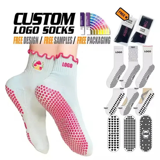 Custom Logo Grip Trampoline Socks Pilates Non Slip Yoga Curl Socks Compression Tube Crew Ruffle Socks