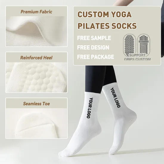 Custom Design Yoga Pilates Socks Non Slip White Pilates Crew Socks
